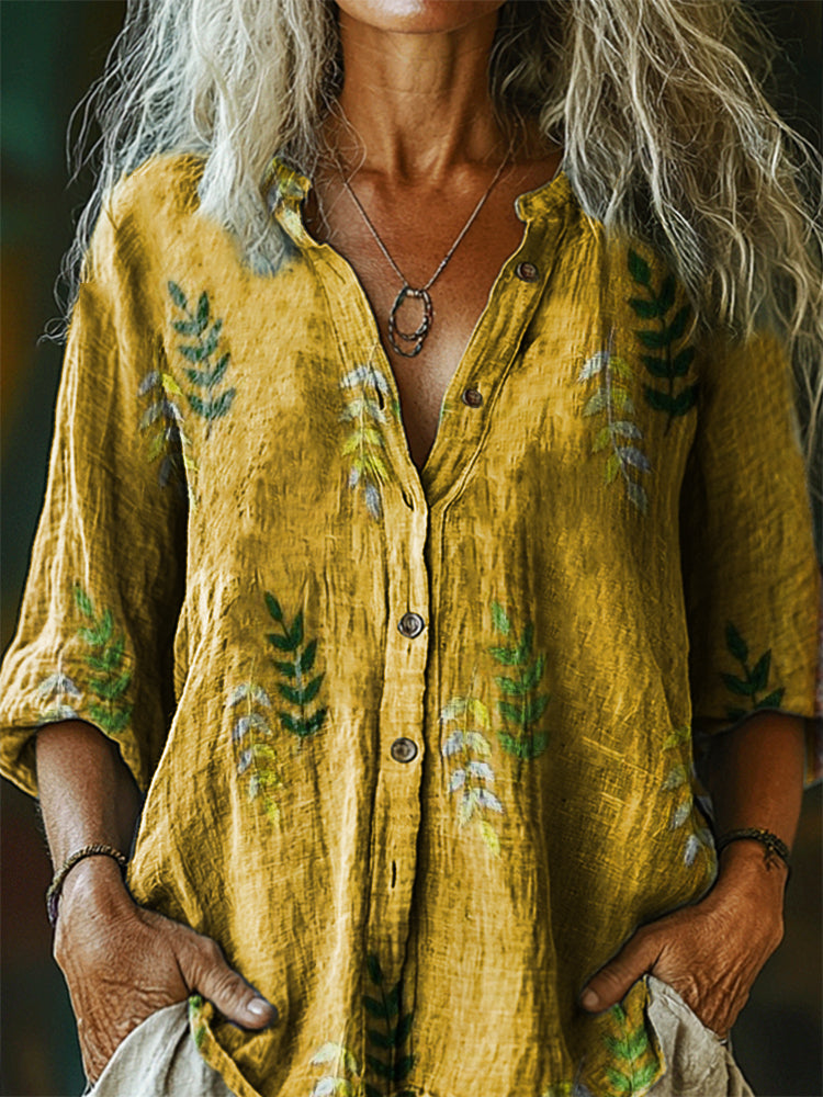 Women's Vintage Leaf Art Print Casual Cotton Linen Shirt