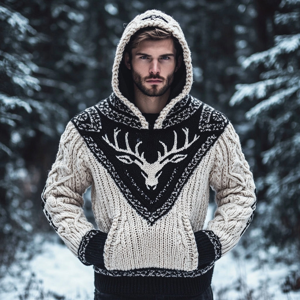 Men's Viking Deer Head Totem Thick Rope Hooded Sweater artswardrobe