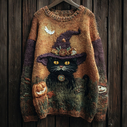 Halloween Witch Black Cat Vintage Cozy Knit Sweater artswardrobe