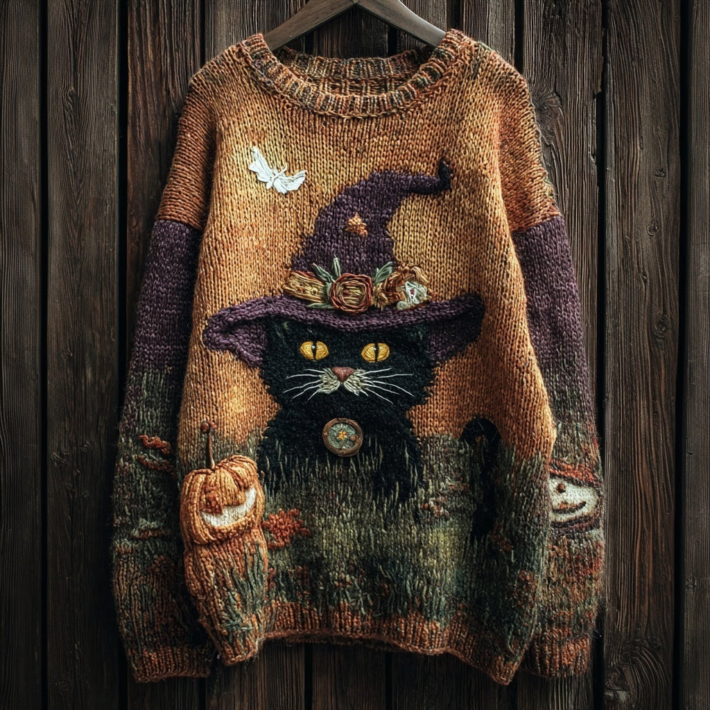 Halloween Witch Black Cat Vintage Cozy Knit Sweater elevenforest