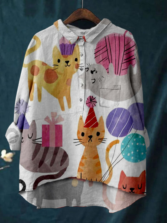 Women's Colorful Fun Cartoon Cats Print Linen Cotton Casual Shirt