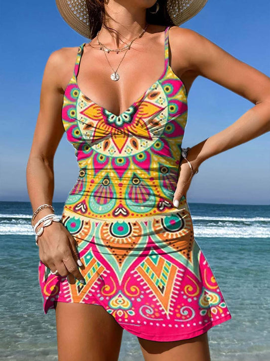 V-Neck Colorful Mandala Pattern Art Print Suspender Skirt Tankini Pantskirt Set Swimsuit