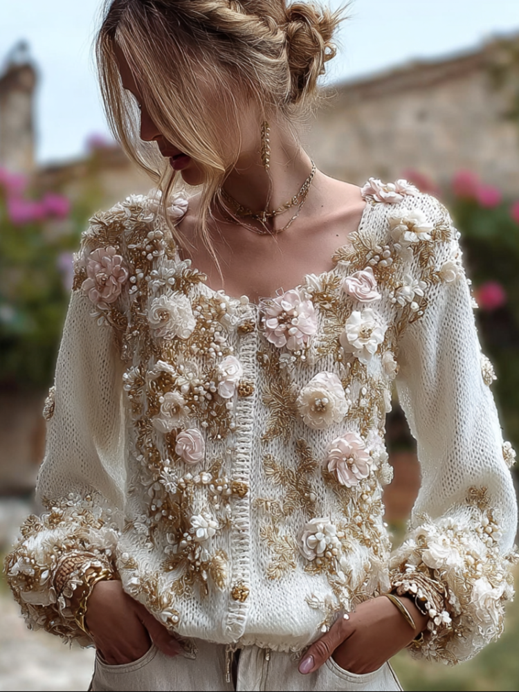 Bohemian Style 3d Pink Flower Knitted Pattern Women's V-neck Long-sleeve Knitted Sweater Jacket elevenforest