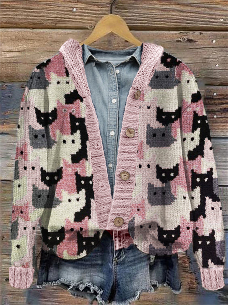 Crowded Cats Pink Knit Art Cozy Hooded Cardigan elevenforest