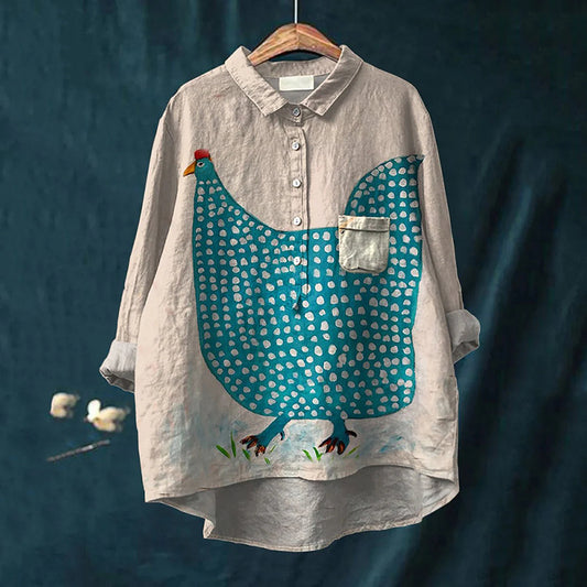 Comstylish Chicken Art Print Casual Cotton And Linen Shirt