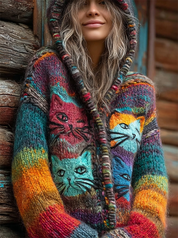 Comstylish Boho Cats Colorblock Gradient Cozy Knit Cardigan