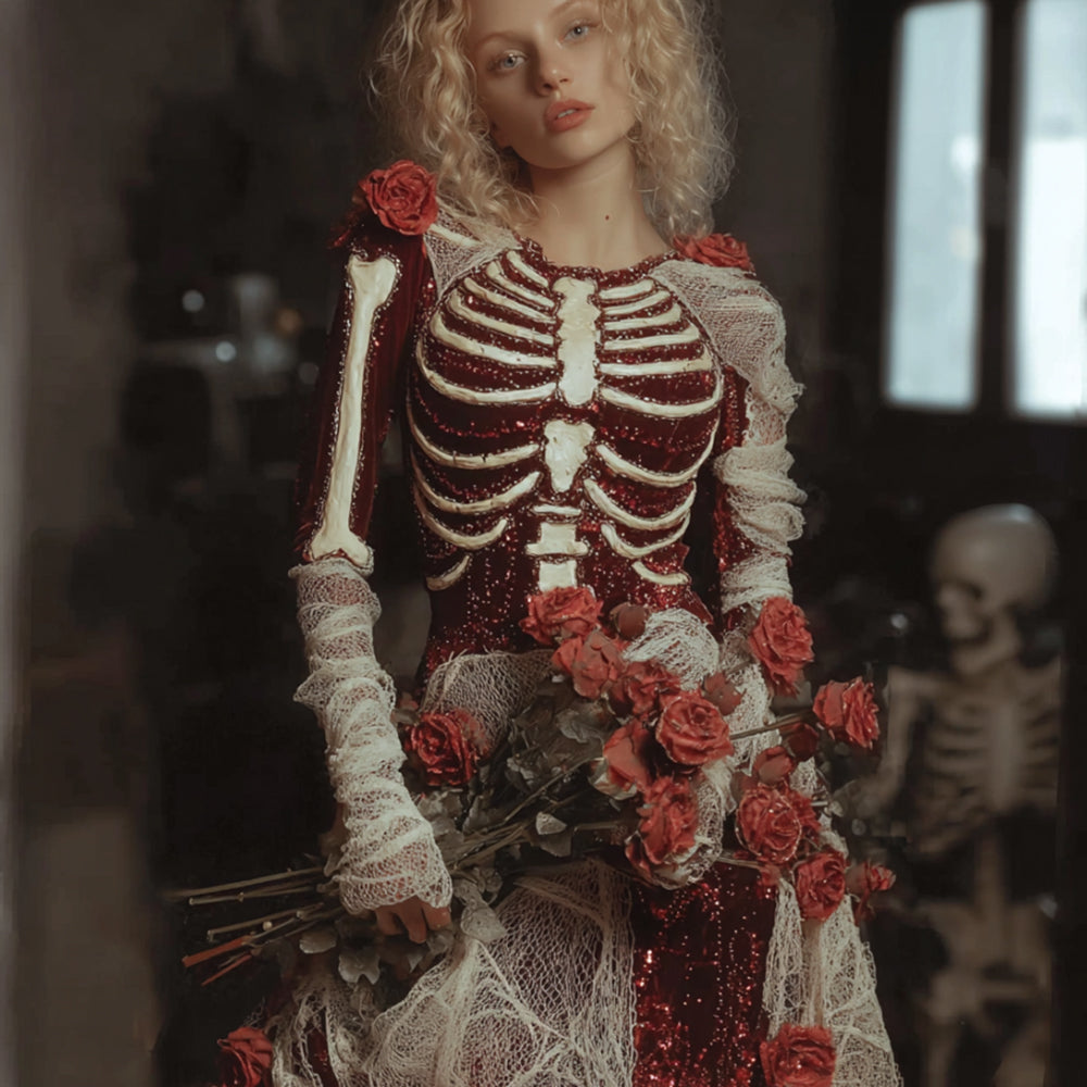 Comstylish Women's Halloween 3d Skull Flower Round Neck Dress