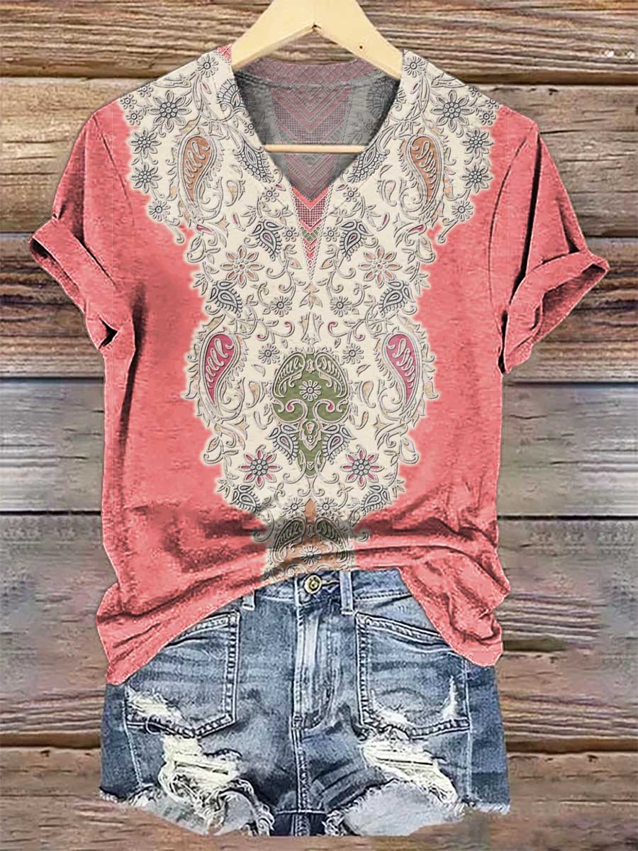 Women's Floral Trim Art Print V-Neck T-Shirt