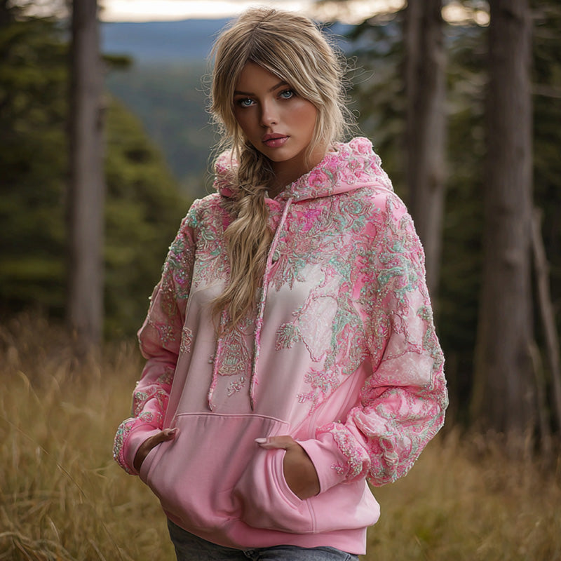 Comstylish Women's Pink Flower Embroidery Art Long Sleeve Hoodie