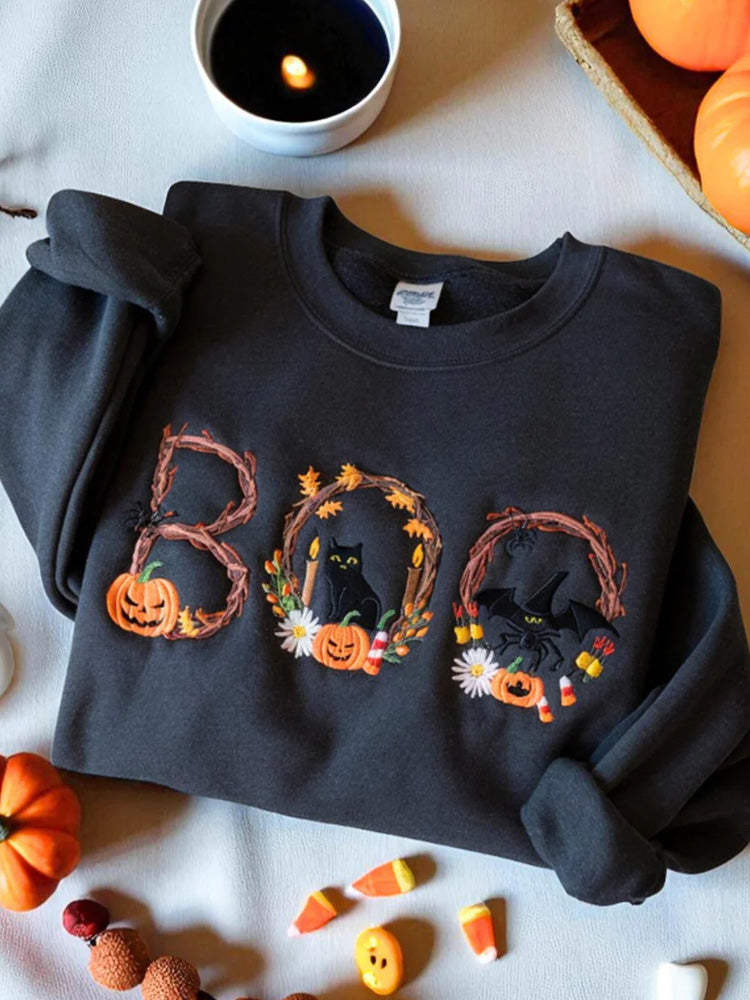 Women's Round Neck Halloween Black Cat Pumpkin Embroidery Loose Long Sleeve Top elevenforest