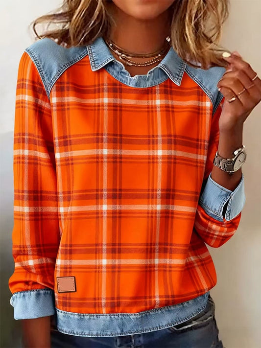 Women's Casual Lapel Plaid Pullover Sweatshirt 