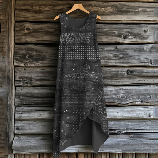 Comstylish Vintage Japanese Sashiko Art Linen Irregular Midi Dress