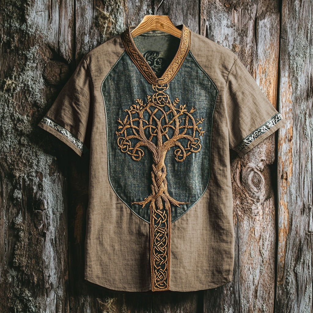 Men's Viking Life Of Tree Celtic Knot Art Linen V-neck T Shirt artswardrobe