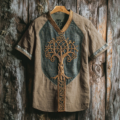 Men's Viking Life Of Tree Celtic Knot Art Linen V-neck T Shirt artswardrobe