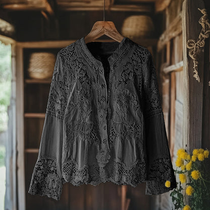 Comstylish Women's Retro Floral Lace Embroidery Art V-neck Shirt