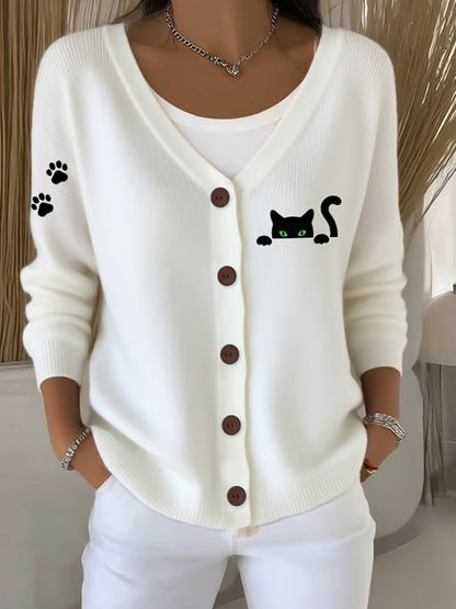 Women's Cute Cat Print Casual Knitted Cardigan artswardrobe
