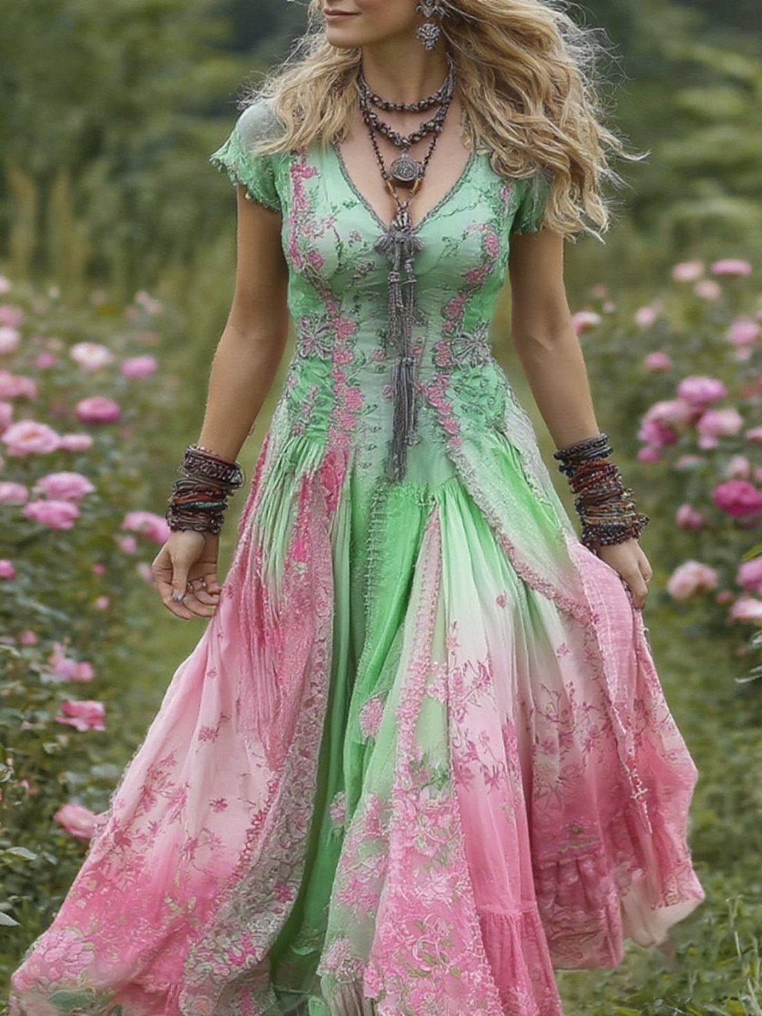 Vintage Gradient Purple Floral Embroidered Linen Maxi Dress artswardrobe