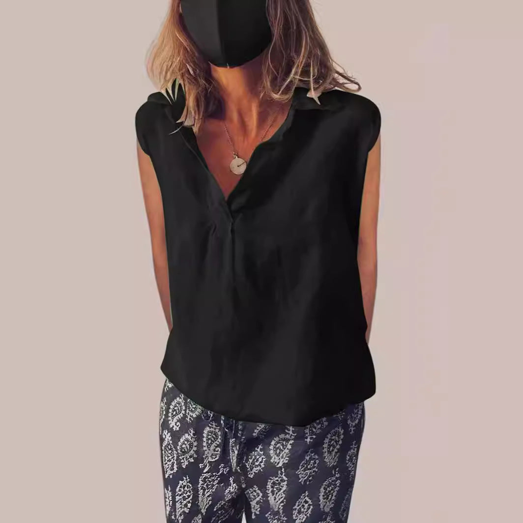 Comstylish Vintage Solid Color V Neck Cotton Linen Comfy Shirt