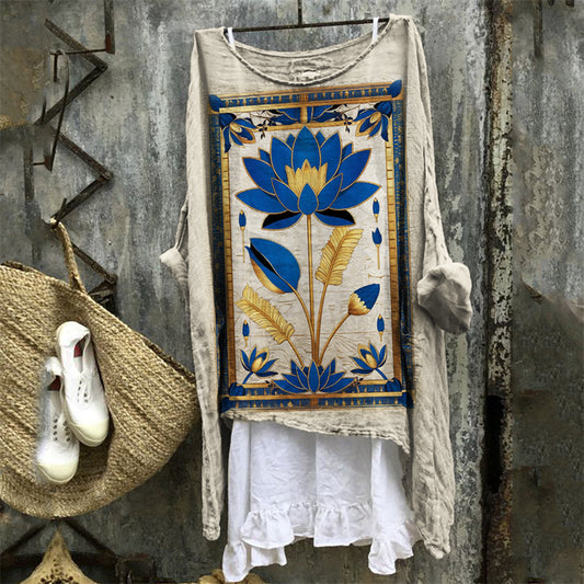 Comstylish Ancient Egyptian Lotus Golden Art Linen Tunic