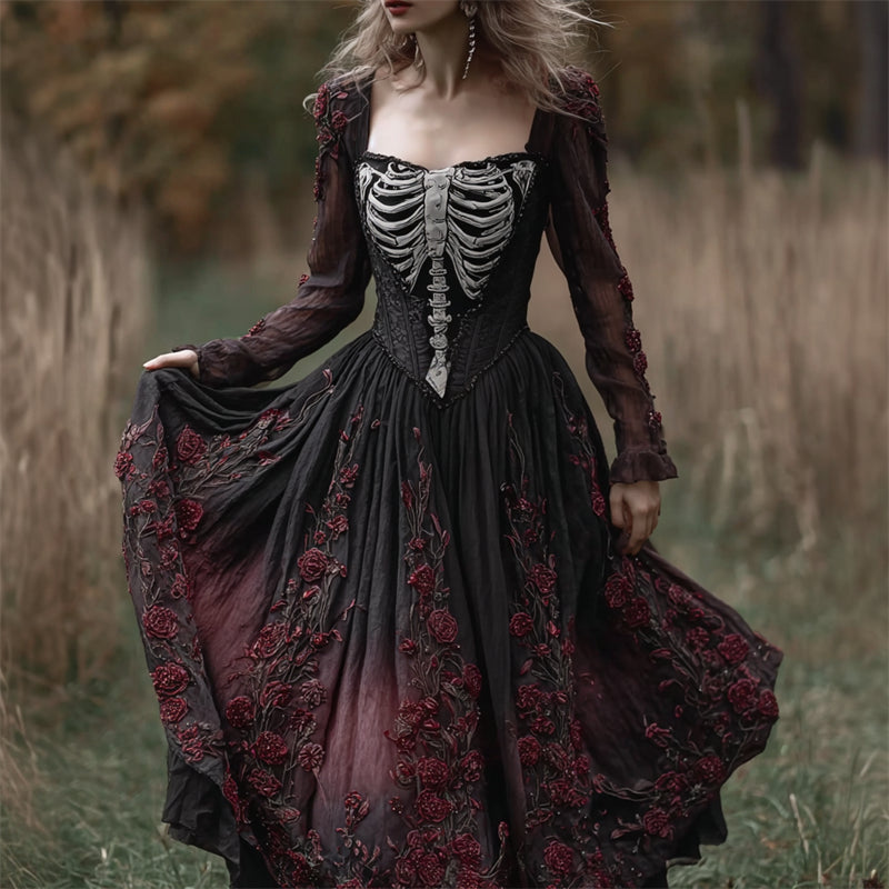 Comstylish Vintage Skeleton Roses Fiber Art Gradient Flowy Linen Maxi Dress