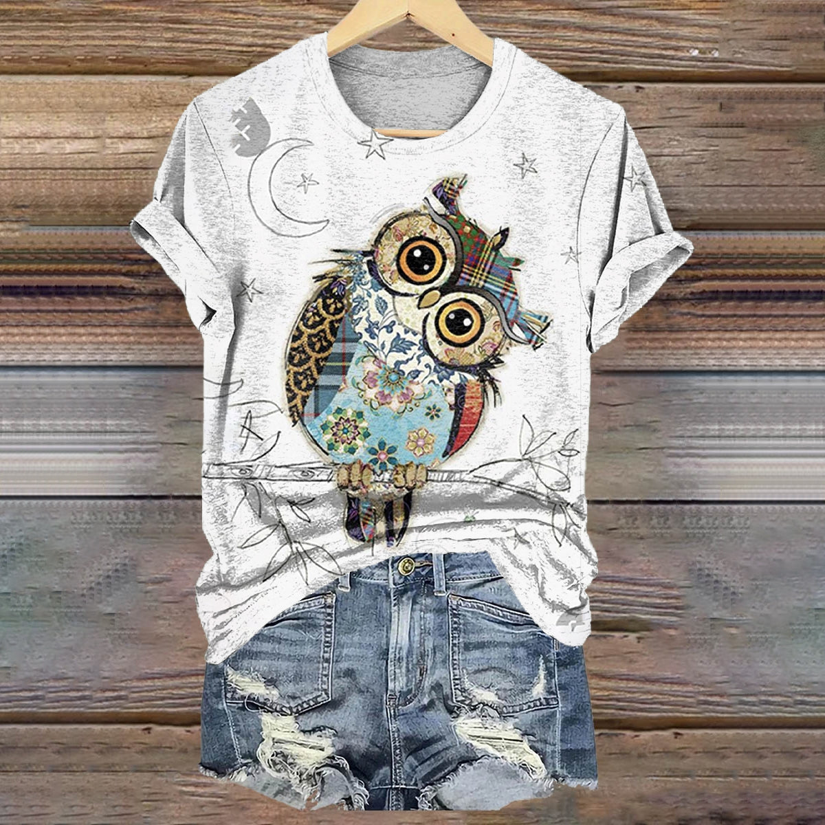 Owl Art Print Round Neck Short Sleeve T-Shirt