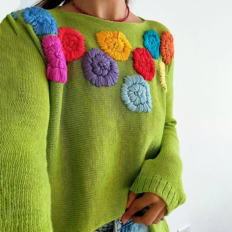 Women's Colorful Floral Relief Art Knitting Patterns Art Cozy Sweater artswardrobe