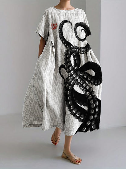 Comstylish Octopus Tentacles Sea Waves Pattern Linen Blend Maxi Dress
