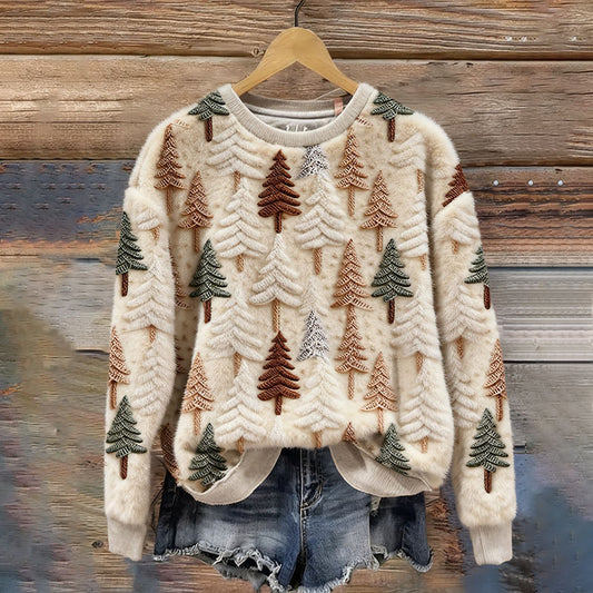 Women's Christmas Tree Embroidered Cozy Crew Neck Plush Sweatshirt