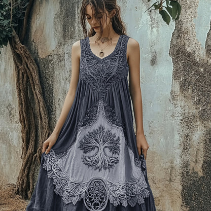 Vintage Tribal Viking Tree Of Life Celtic Knot Linen Blend Tank Midi Dress artswardrobe