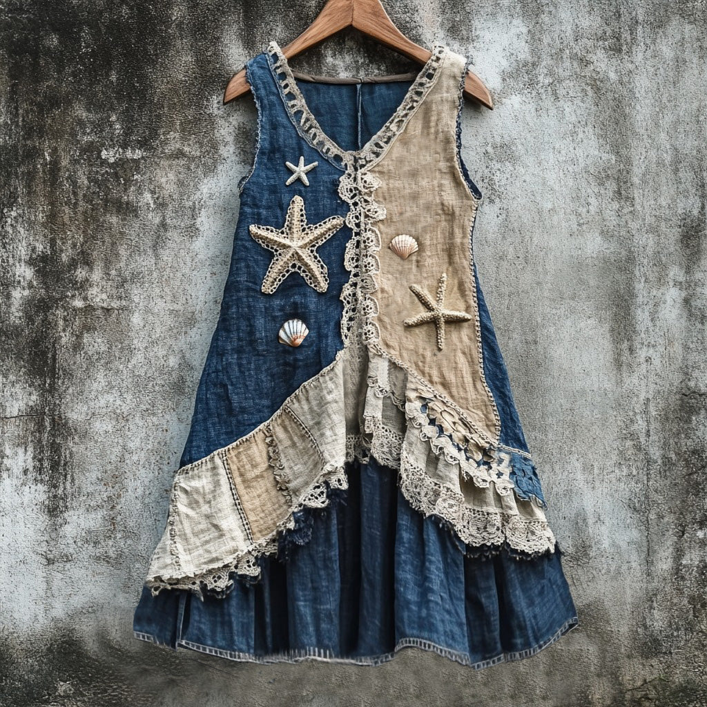 Vintage Starfish And Shell Lace Patchwork Linen Blend Tank Dress artswardrobe