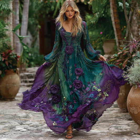 Women's Vintage Floral Embroidery Gradient Pattern Long Sleeve Dress artswardrobe