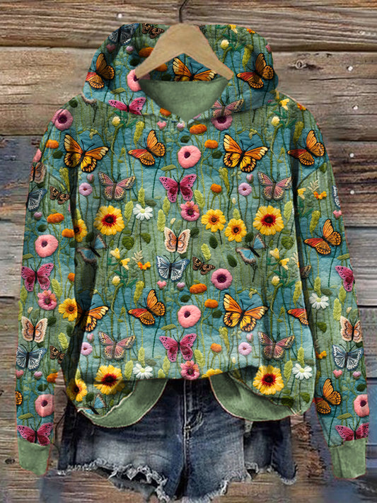 Floral Butterfly Embroidery Art Cozy Hoodie artswardrobe