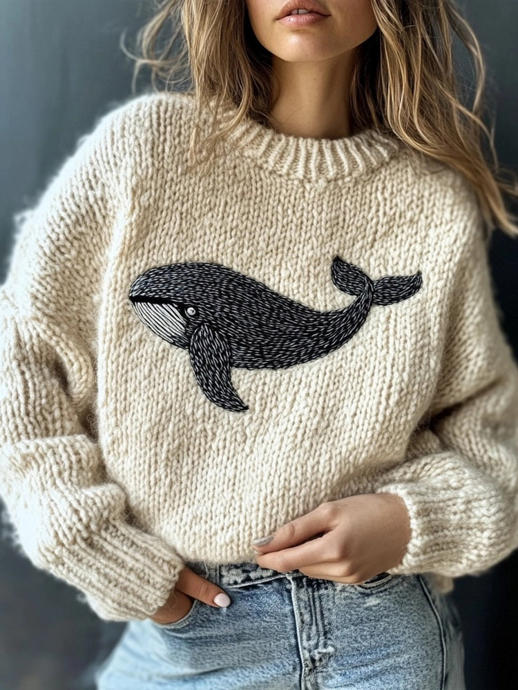 Cute Whale Embroidery Vintage Cozy Knit Sweater artswardrobe