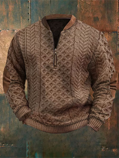Men's Retro Western Textured Print Zipper Neck Knit Sweatshirt elevenforest