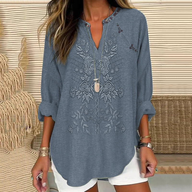 Comstylish Vintage Embroidered Floral V-neck Linen Blend Blouse