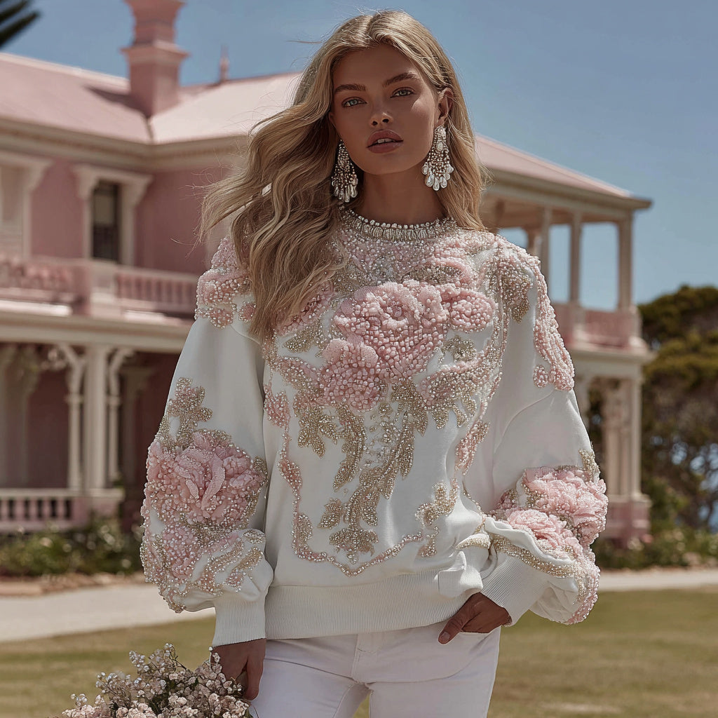 Comstylish Women's Vintage Flower Embroidery Art Crew Neck Casual Sweatshirt