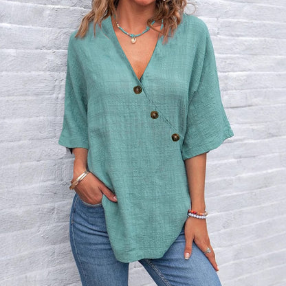 Women's Solid Color Button Linen V-neck T-shirt artswardrobe