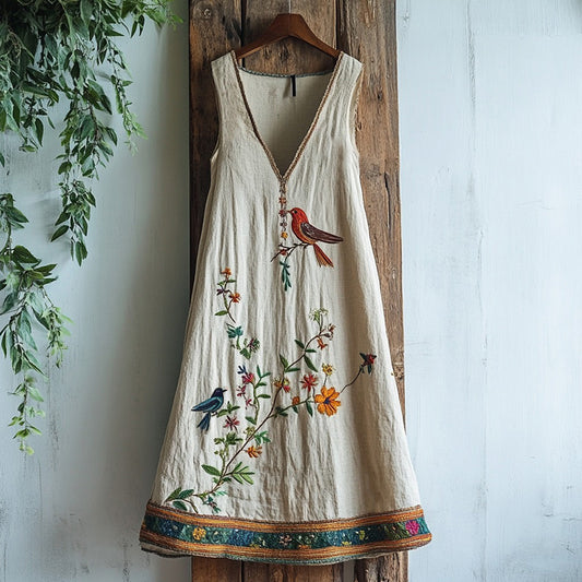 Comstylish Women's Vintage Birds & Floral Embroidery Art Sleeveless Mini Dress