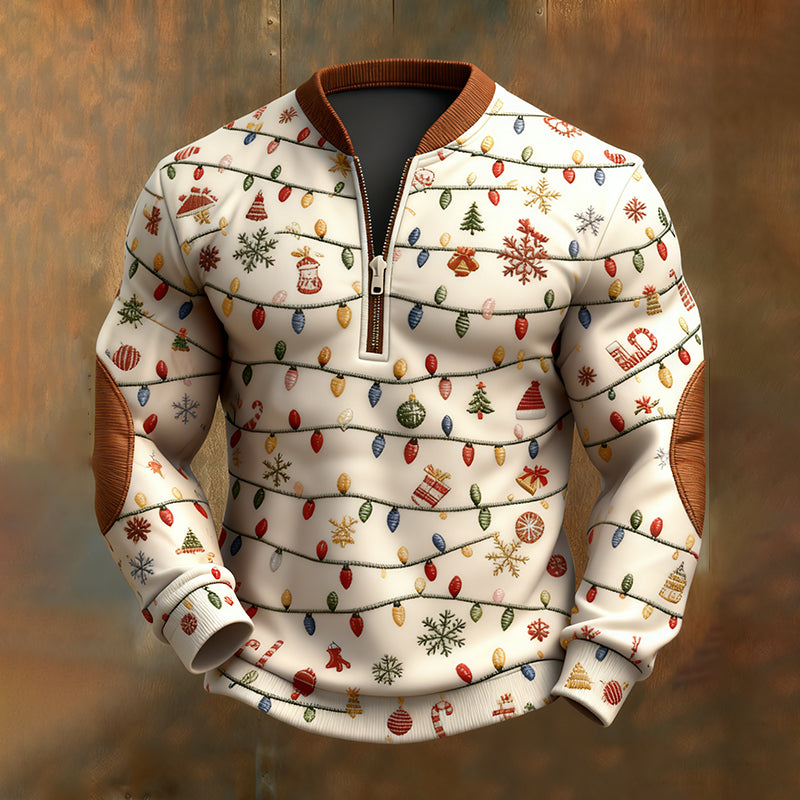 Comstylish Retro Fun Christmas Light Print Zip-up Sweatshirt