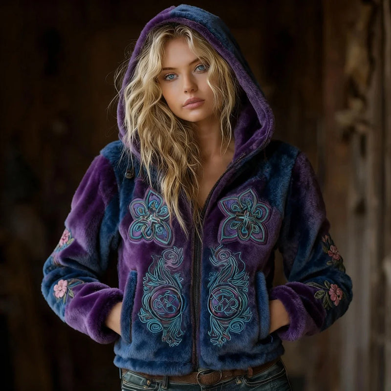 Comstylish Women's Vintage Celtic Knot And Floral Art Plush Zip-up Hoodie