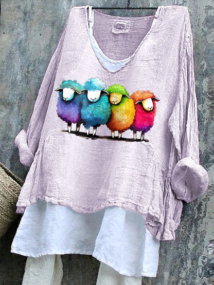 Comstylish Colorful Watercolor Sheep Print Linen Blend Casual Shirt