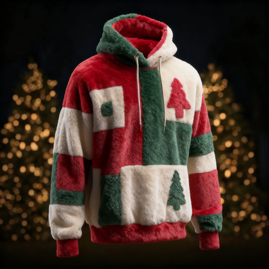 Comstylish Christmas Tree Men's Flannel Color Block Hoodie