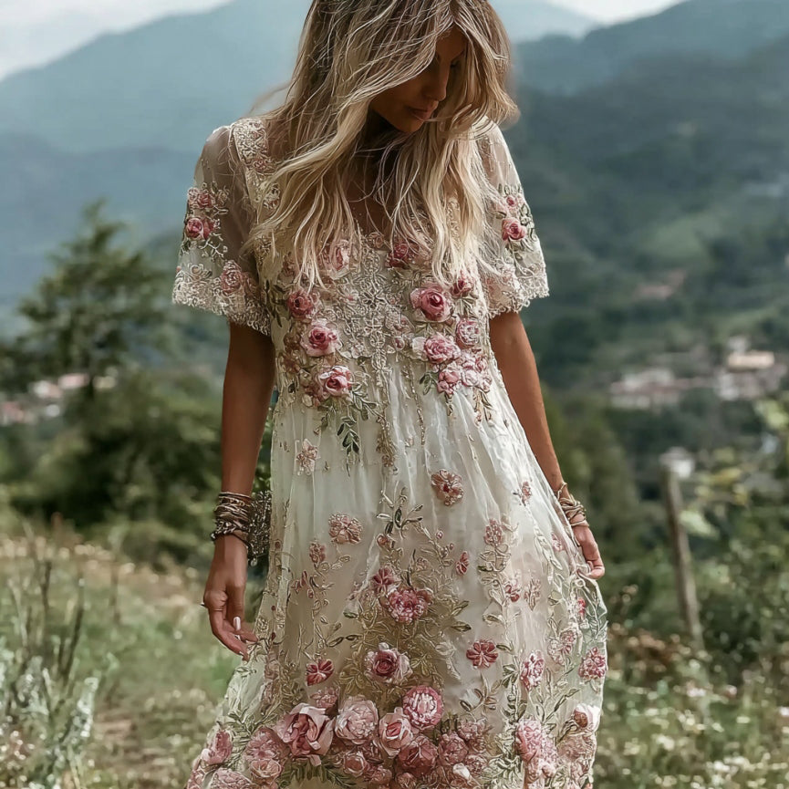 Women's Pink Flower Embroidery V-neck Linen Blend V-neck Short Sleeve Midi Dress artswardrobe