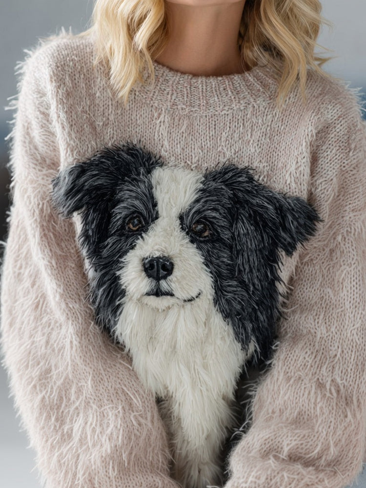 Comstylish Cute Fuzzy Border Collie Crew Neck Cozy Knit Sweater