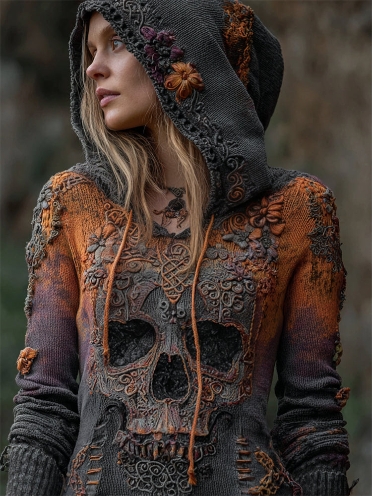 Halloween Skull Floral Celtic Gradient Knit Hooded Sweater artswardrobe