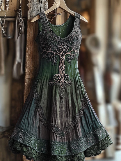Women's Vintage  Viking Tree Of Life Gradient Linen Dress artswardrobe