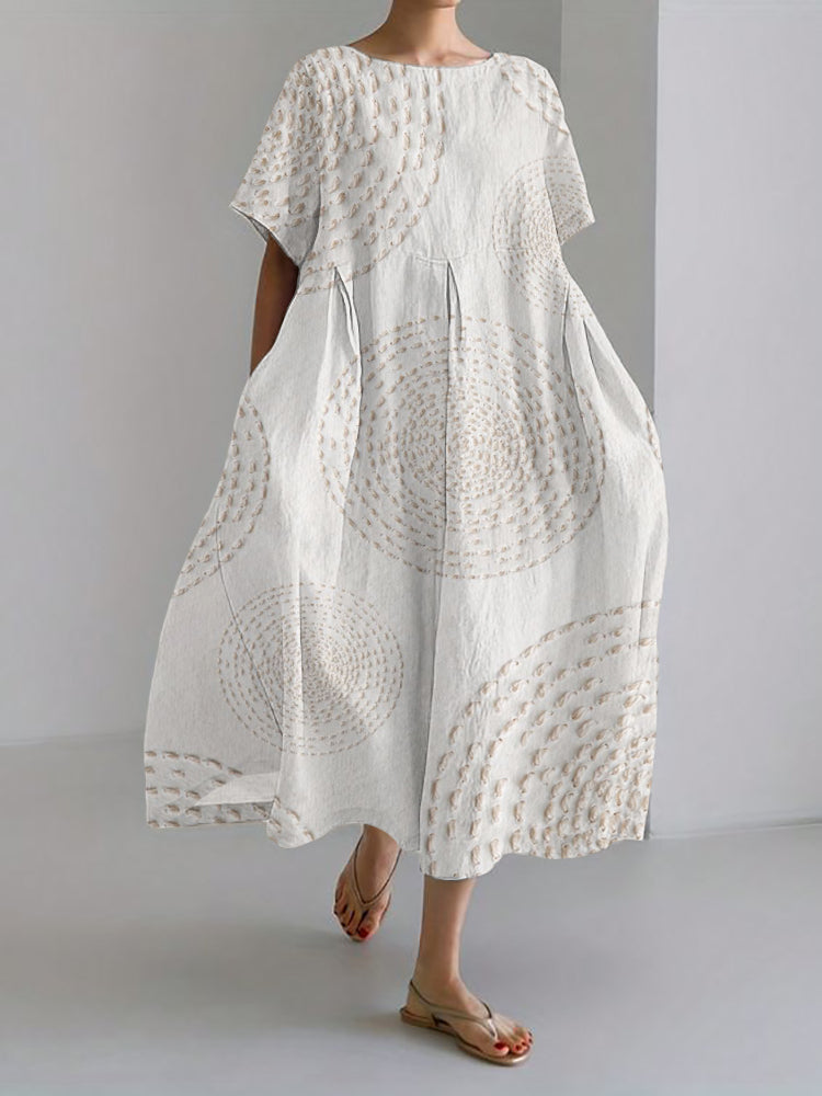 Comstylish Sea Waves Ripples Japanese Embroidered Linen Blend Maxi Dress