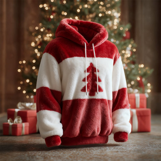 Comstylish Vintage Christmas Tree Striped Pattern Cozy Plush Hoodie