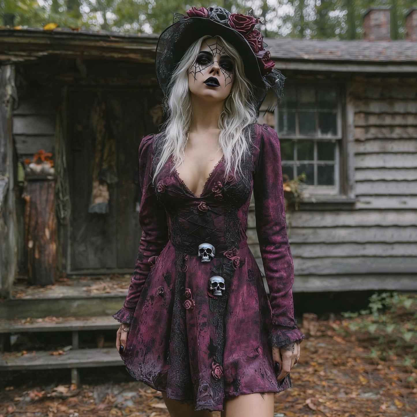 Comstylish Women's Halloween Rose Skeleton Witch Cosplay Midi Dress