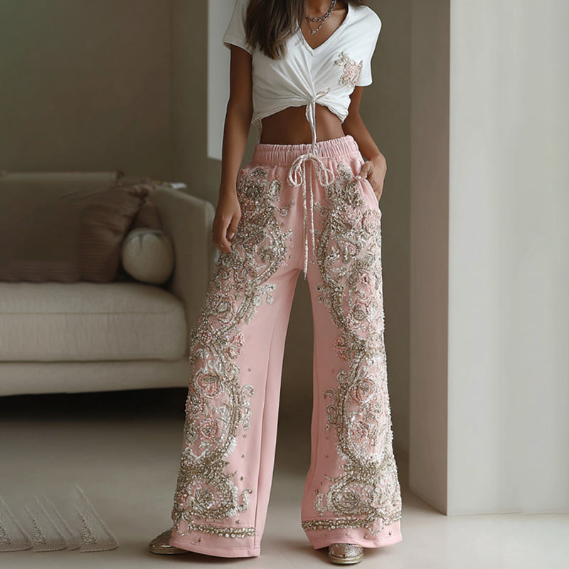 Comstylish Women's Vintage Floral Embroidery Cozy Sweatpants